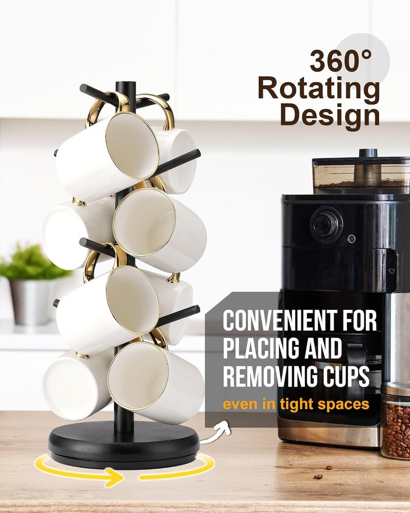 Lorbro Coffee Mug Tree, 360° Rotated Mug Holder with 8 Hooks, Wooden Coffee Cup Holder Rack Stand Accessories for Countertop Kitchen Decor Organizer - Image 1